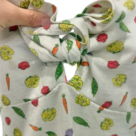 Vintage Tie Front Ivory Vegetable Print Carrot Tomato Peas Lettuce Tee size S - Picture 8 of 10